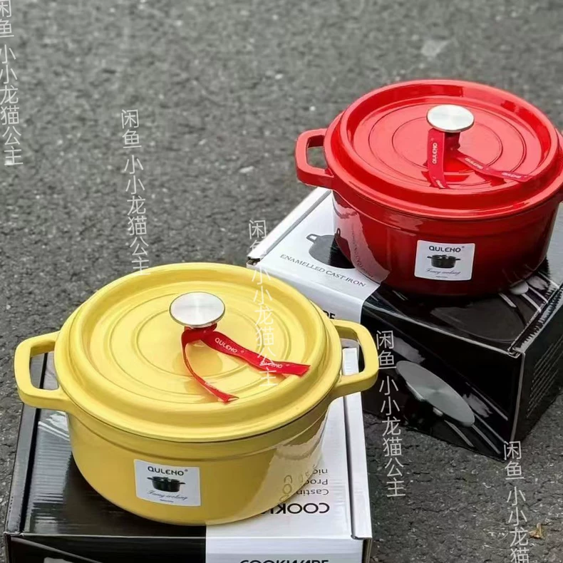 Enamel-coated cast iron Dutch oven.