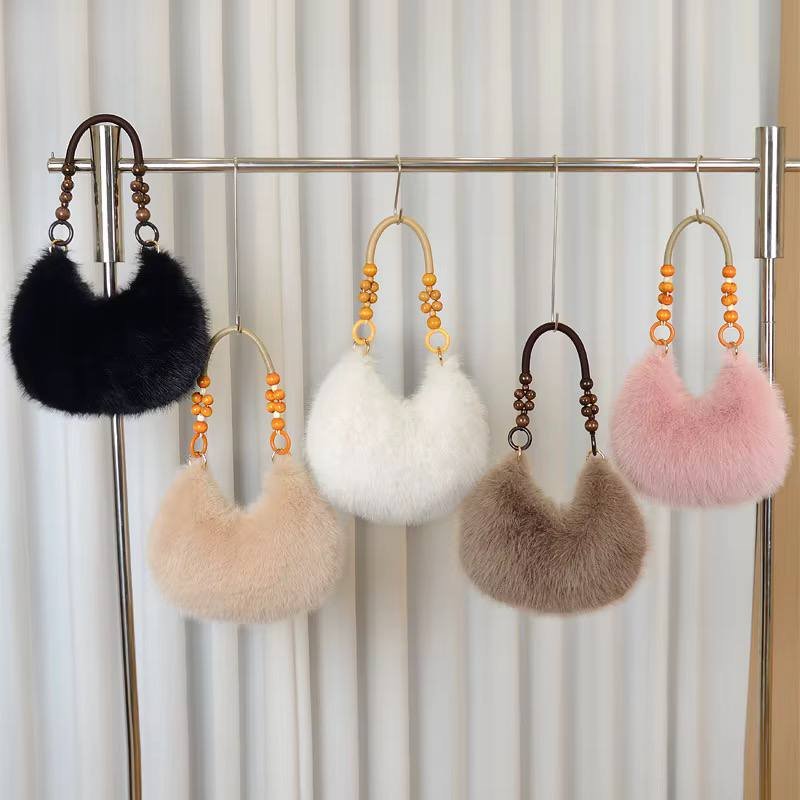 Faux Fur Shoulder Bag with Wood Bead Handle