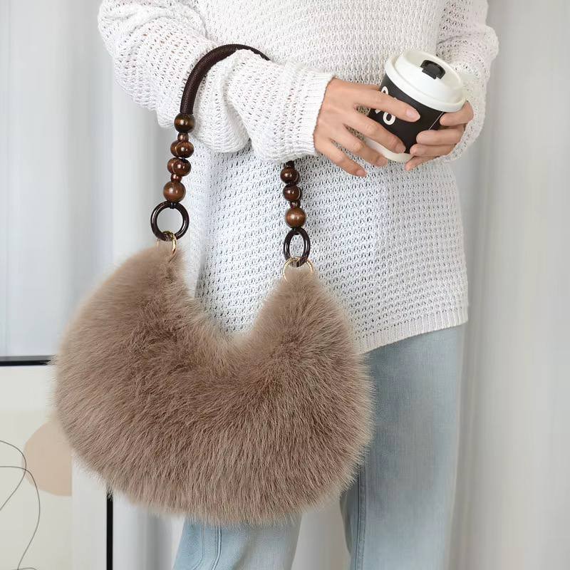 Faux Fur Shoulder Bag with Wood Bead Handle