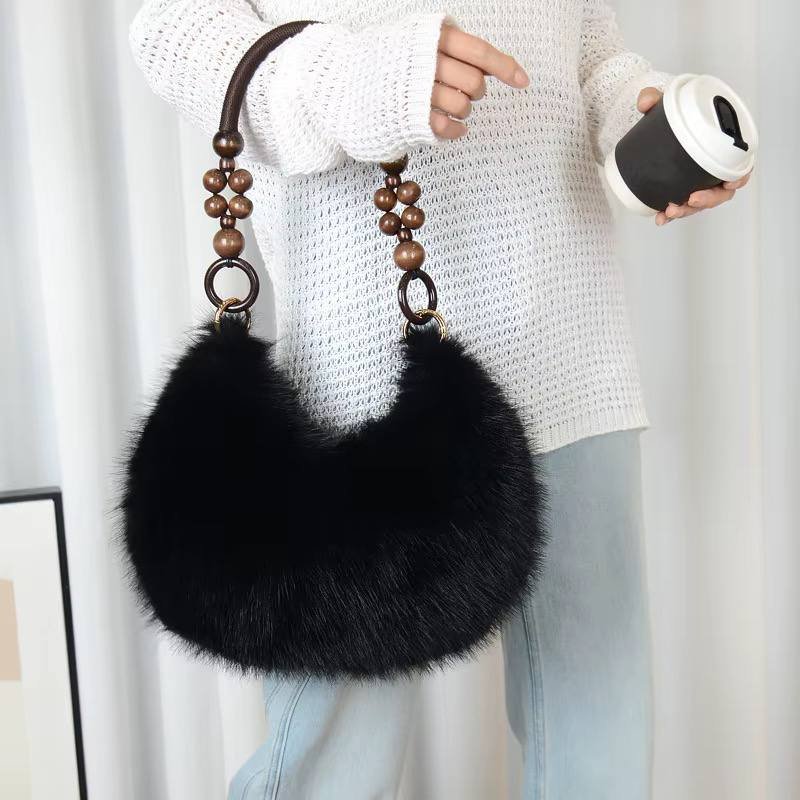 Faux Fur Shoulder Bag with Wood Bead Handle