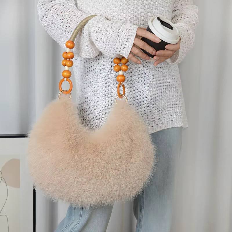 Faux Fur Shoulder Bag with Wood Bead Handle