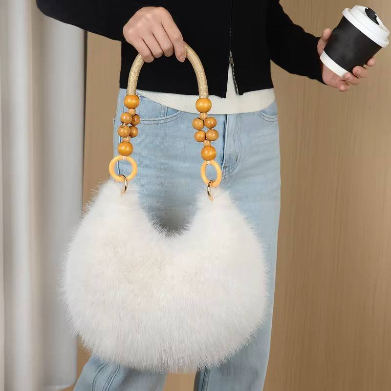Faux Fur Shoulder Bag with Wood Bead Handle