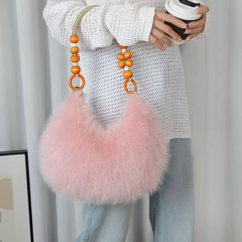 Faux Fur Shoulder Bag with Wood Bead Handle